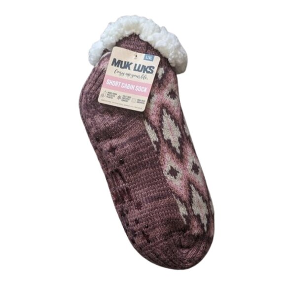 Muk Luks Short Cabin Sock - Pink and Cream - Picture 1 of 2